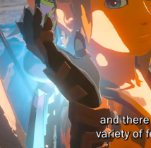Link's right hand being raised as he's about to unsheathe the Master Sword. Long nails, a darker skin than his natural color is clearly shown, in addition gold tick stripes decorate the back of his hand, wrist and arm.