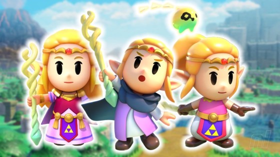 an image showing Zelda with three different outfits, the Disguise attire at the center, the Royal Travel to the right which has her on loose pants and a pony tail, and to the left is the Customary Attire which has an elegant pinkish dress and her hair dow